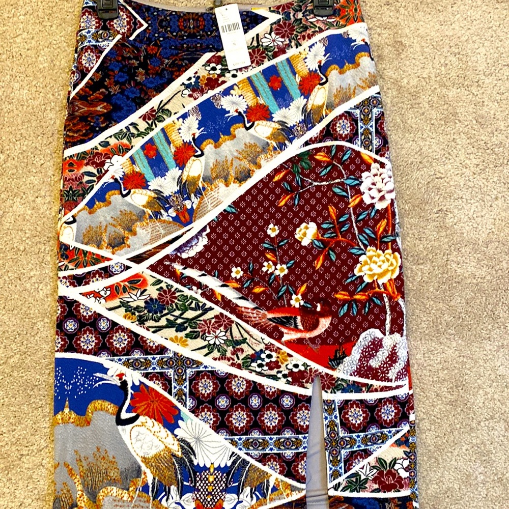Anthropologie Multi-Color Crane Bird Patterned Midi Skirt